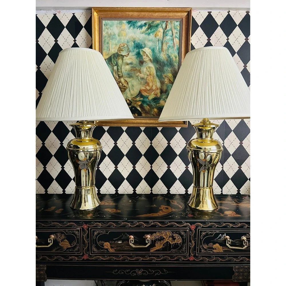 Pair Gold Tone Metal Table Lamps Polished Pedestal Vintage Lighting